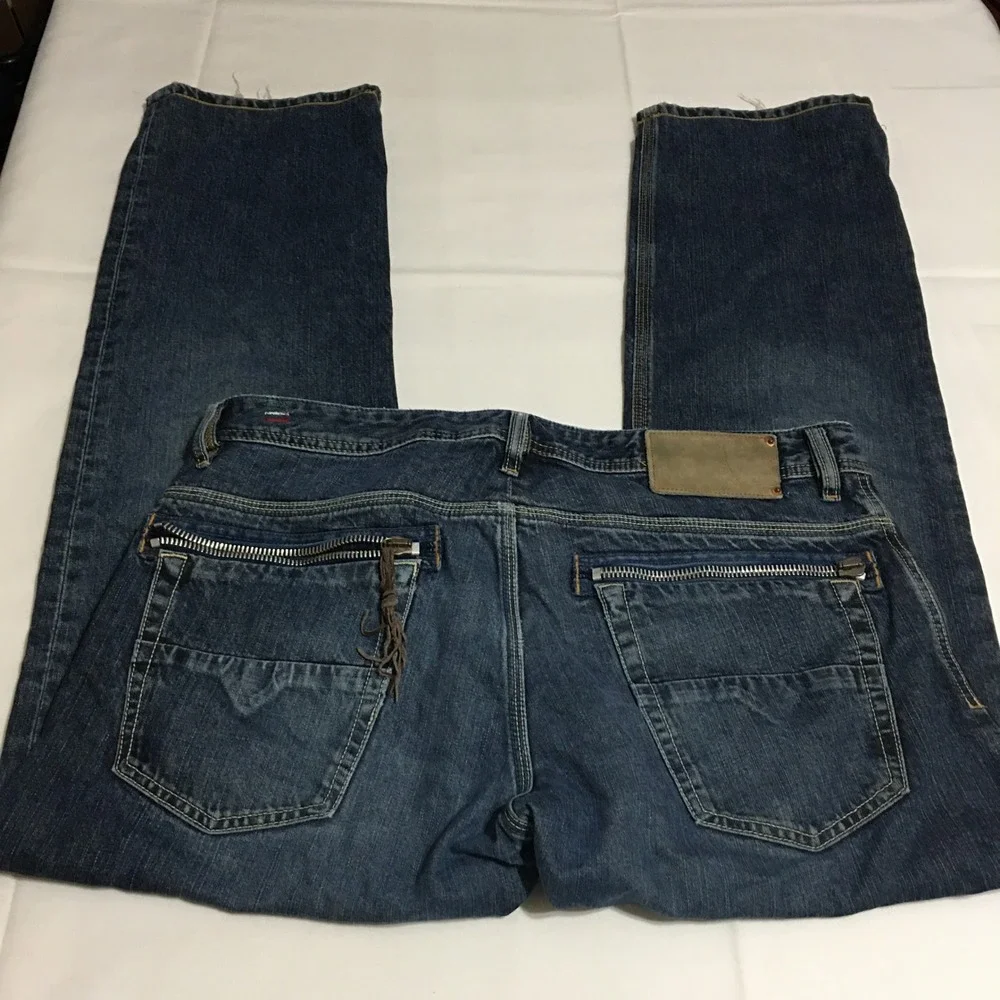 Diesel Farco Jeans Mens 34 Blue Straight Leg Zipper Pockets Distressed